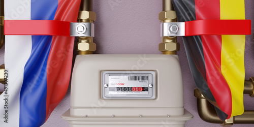 Natural gas supply and transportation, Germany and Russia. Gas meter and switch off. 3d render photo