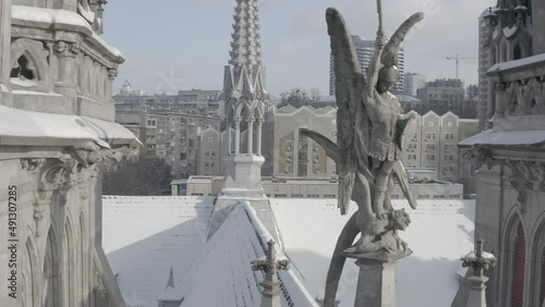 Gothic style cathedral in the winter. Saint Nicolas church in Kyiv, Ukraine. Roman Catholic Church. Aerial. 