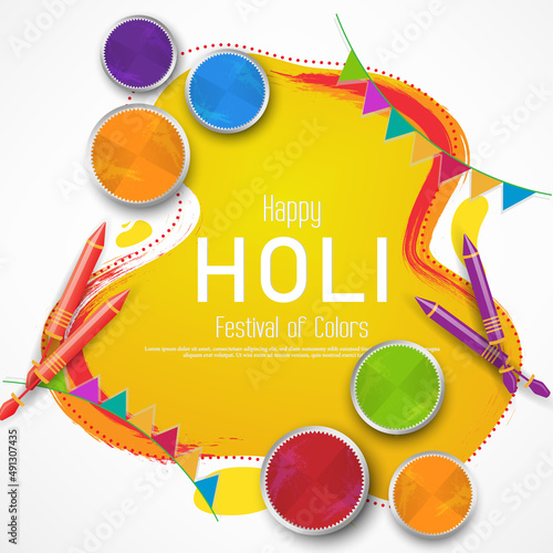 Happy holi festival poster template with holi powder color bowls on multicolor background.
