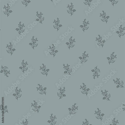 Vector green and gray illustration. Floral seamless pattern. Bouquet of wild flowers. Hand drawn flower field. Simple flowers. Flowering heads of field chamomile. Outline drawing.