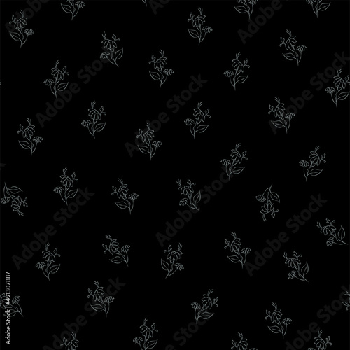 Vector green and gray illustration. Floral seamless pattern. Bouquet of wild flowers. Hand drawn flower field. Simple flowers. Flowering heads of field chamomile. Outline drawing.