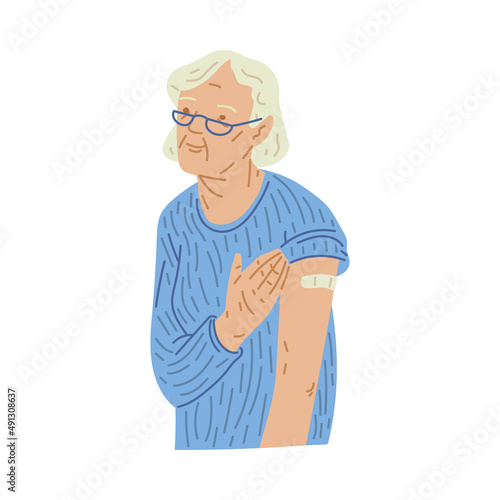 Elderly woman after vaccination flat cartoon vector illustration isolated.