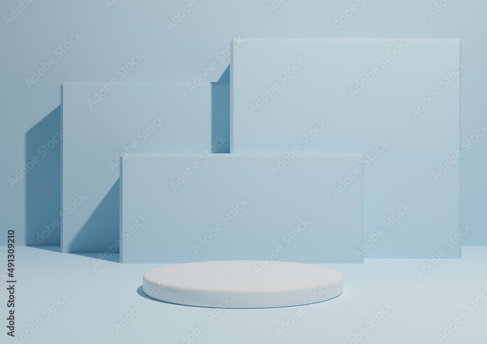 Light, pastel, baby blue, 3D render of a simple, minimal product display composition backdrop with one podium or stand and geometric square shapes in the background. Light, pastel, baby blue, 3D render of a simple, minimal product display composition backdrop with one podium or stand and geometric square shapes in the background.