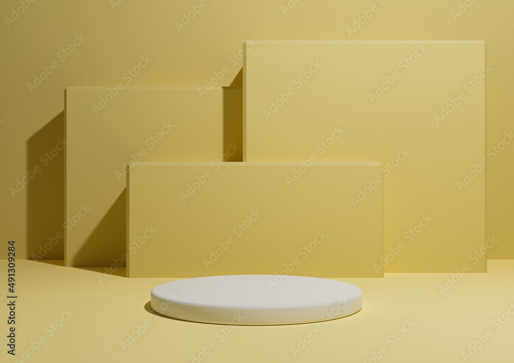 Warm, light, bright, pastel yellow, 3D render of a simple, minimal product display composition backdrop with one podium or stand and geometric square shapes in the background. Warm, light, bright, pastel yellow, 3D render of a simple, minimal product display composition backdrop with one podium or stand and geometric square shapes in the background.