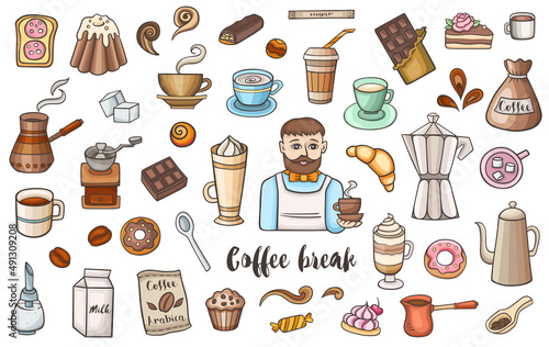 Coffee and sweets vector doodles
