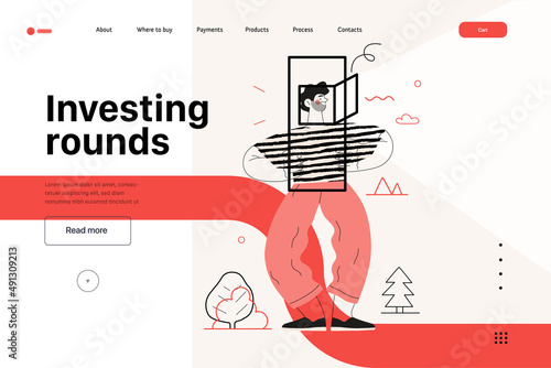 Startup illustration, website landing template Flat line vector modern concept illustration, startup metaphor. Concept of building new business, strategy, company processes. Investing rounds