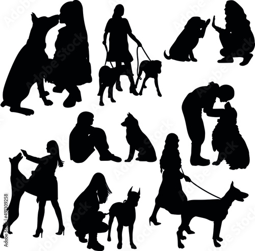 Vector silhouette of people with a dog on a white background.