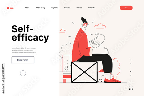 Startup illustration, website landing template Flat line vector modern concept illustration, startup metaphor. Concept of building new business, strategy, company processes. Self efficacy