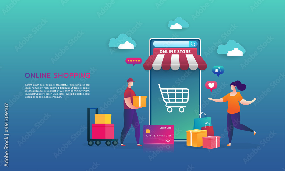 Fototapeta premium Online shopping on website E-commerce or mobile phone applications vector concepts and digital marketing. The woman is shopping on a mobile phone and the man delivered.