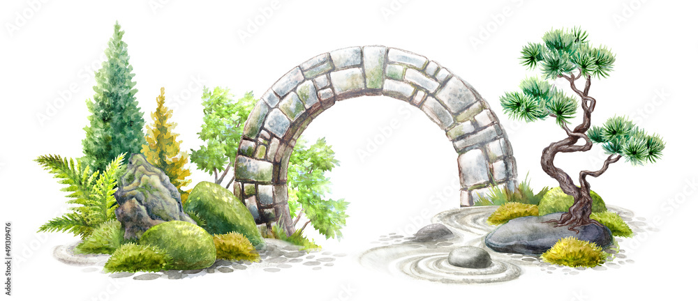 watercolor spiritual landscape, garden nature, greenery, bonsai, stone gate arch. Zen background - obrazy, fototapety, plakaty 