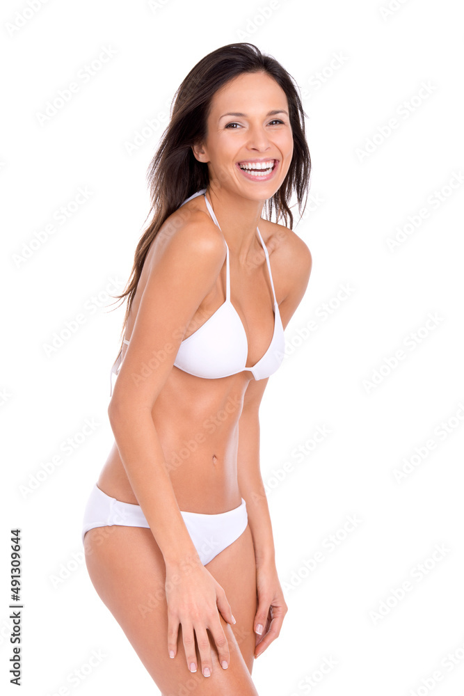 Watch out summer, Im coming. Studio shot of a beautiful brunette model in a bikini isolated on white. Watch out summer, Im coming. Studio shot of a beautiful brunette model in a bikini isolated on white.