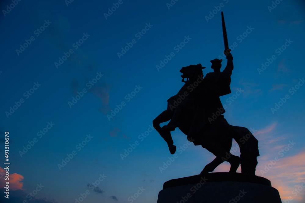 Knight riding horse into battle statue Bratislava Slovakia Stock Photo