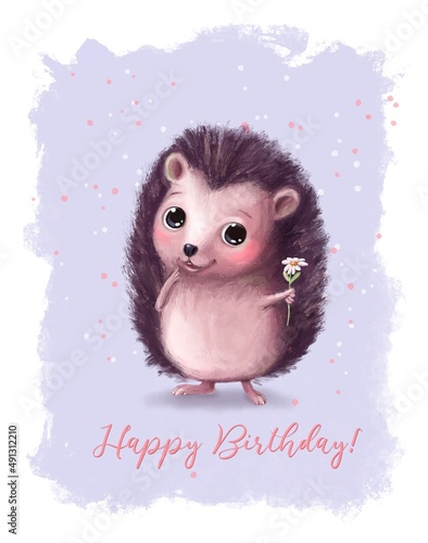birthday card with hedgehog, confetti and flowers, watercolor style illustration