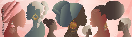 Profile silhouette group of African American or African women and girls. Heads and faces of black women. Female social community. Racial equality. Ally. Empowerment. Self-confidence