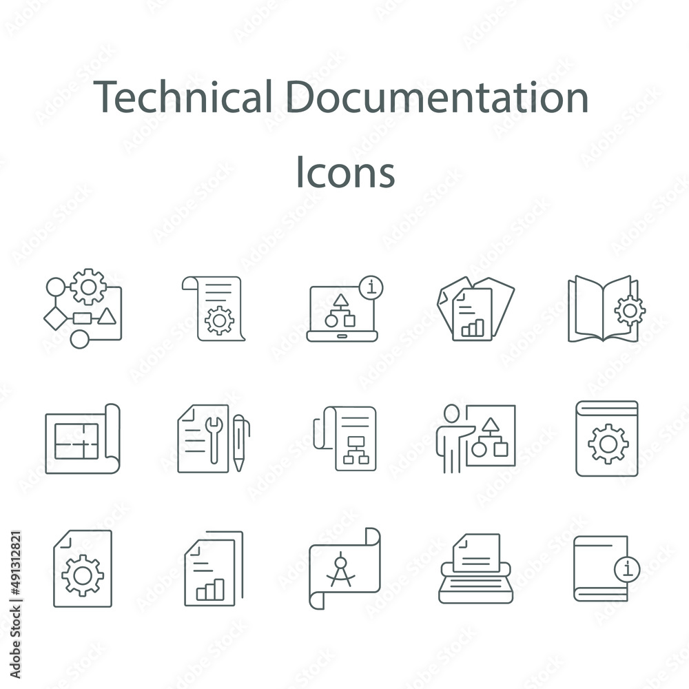 Technical Documentation  icons set . Technical Documentation  pack symbol vector elements for infographic web