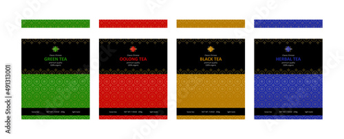 Gold tea package chinese set for decoration design. Green, oolong and black drink label on white background
