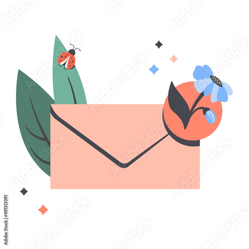 Message notification, sending message. Mail envelope with new incoming message with flower, plants, ladybug. Good news notification concept, communication.  Vector flat cartoon illustration