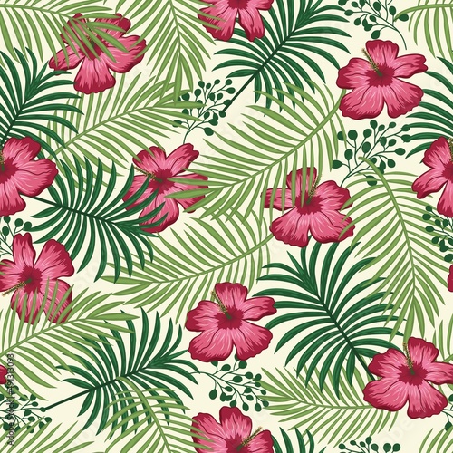Tropical floral colorful seamless pattern with beautiful flowers green palm leaves vector © nataliakarebina