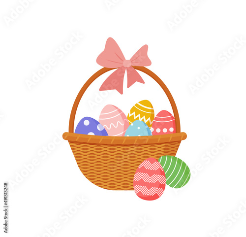 festive easter basket with a set of eggs with an ornament and flowers and bunny rabbit. Happy easter greeting card. vector illustration isolated on white background