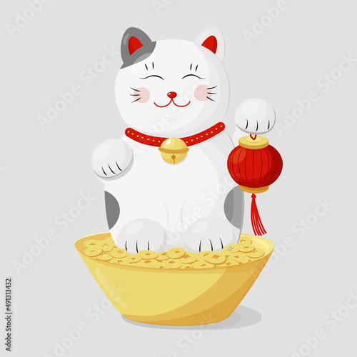 Maneki neko cat on white background. Cartoon vector illustration. Flat style. Funny toy. Traditional asian Isolated object.