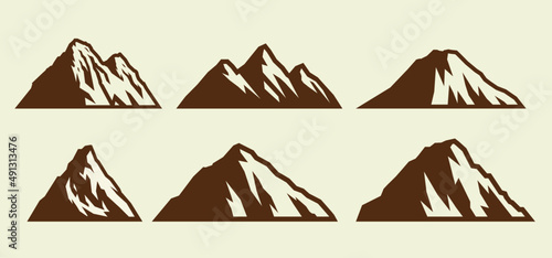 Mountain silhouette set. Rocky mountains icon or logo collection. Vector illustration. Camping and hiking design
