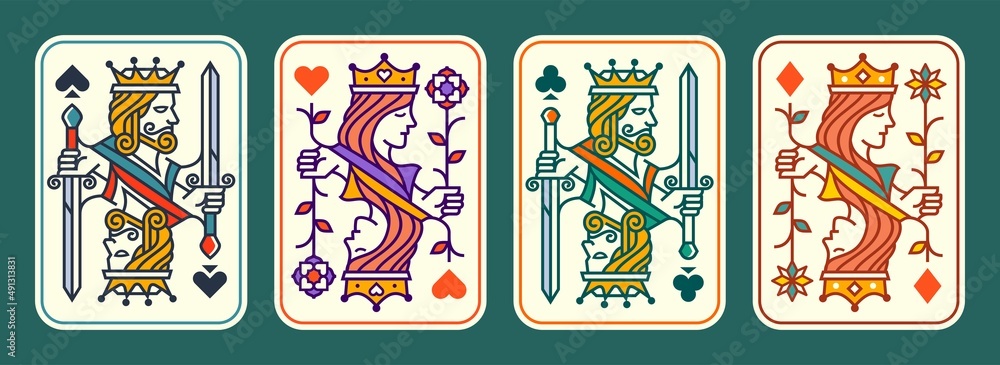 set of King and queen colorful playing card vector illustration set of hearts, Spade, Diamond and Club, Royal cards design collection - obrazy, fototapety, plakaty 