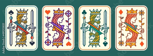 set of King and queen colorful playing card vector illustration set of hearts, Spade, Diamond and Club, Royal cards design collection photo