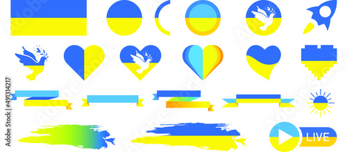 Patriotic Ukraine flag and country emblem vector icons and symbols in blue-yellow ua national colors. Pray for Ukraine. Vector isolated on white background. EPS 10