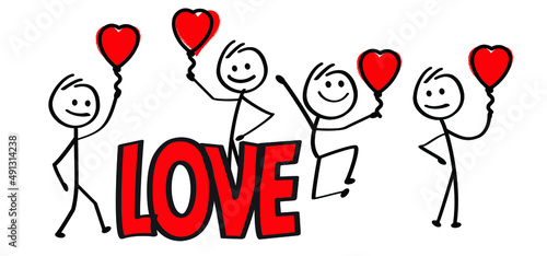Cartoon drawing happy stickman and slogan love  with heart symbol. Cartoon vector stick figure icon or pictogram. Valentines or valentine day 14 february