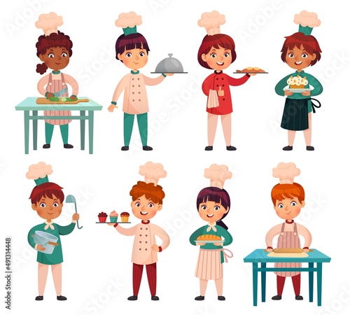 Cartoon children in chefs uniforn cook and hold dishes with food and dessert. African and asian boys and girls characters in aprons and cooks hats. Culinary show or restaurant kids mascot vector set
