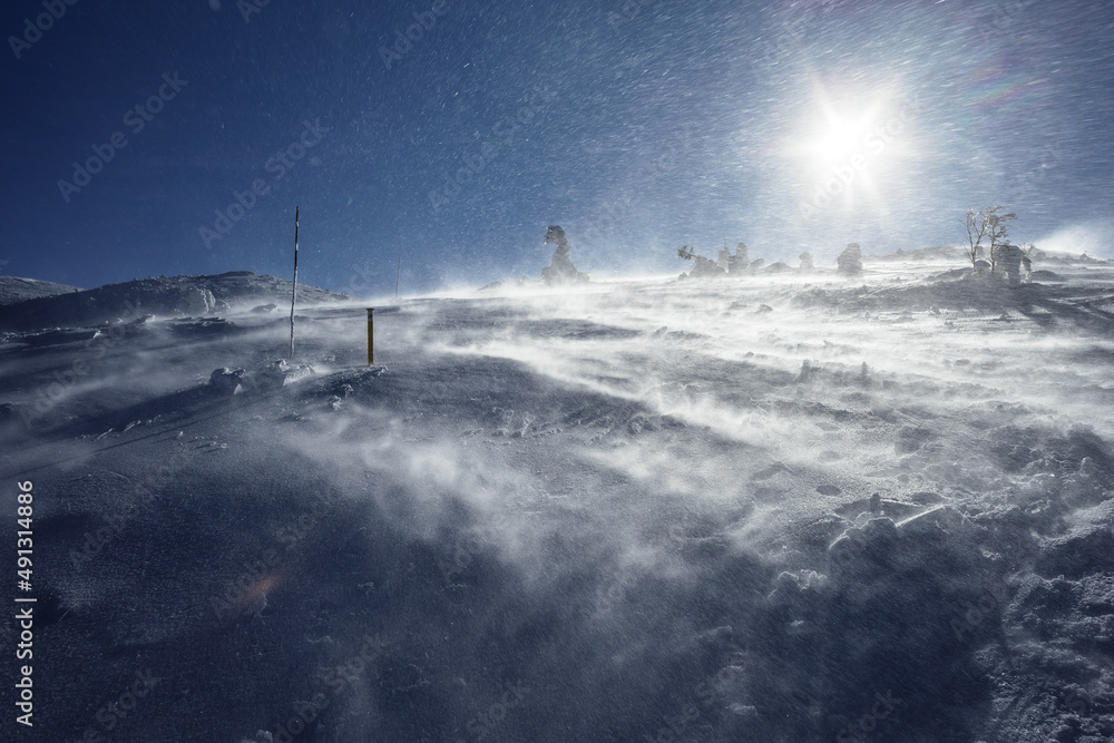 Mala Fatra, Slovakia - blowy and windy sunny weather on the mountains in winter and wintertime. Flowing snow, ice and frost in the air. Lens flare and dynamic motion blur. Mala Fatra, Slovakia - blowy and windy sunny weather on the mountains in winter and wintertime. Flowing snow, ice and frost in the air. Lens flare and dynamic motion blur.