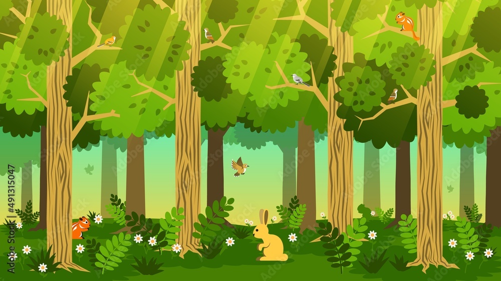 Fototapeta premium Forest cartoon landscape with trees, grass, animals and birds. Cartoon green forest. Vector image.