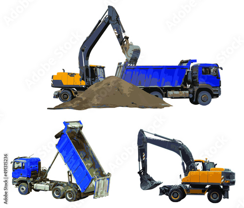 Excavators and trucks are working on the construction site. Technique isolated on white background. Vector color illustration.