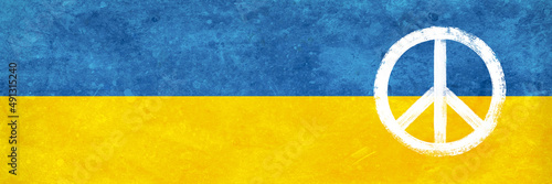 Flag Of Ukraine With Grunge Texture And Peace Symbol – Banner #491315240