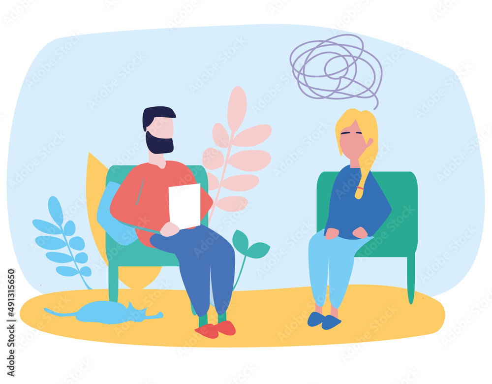 Flat psychologist office, patient. Individual psychological therapy and psychological counseling.Psychotherapy session. Mental health, health care and psychology. Psychiatric consultation.Flat cartoon