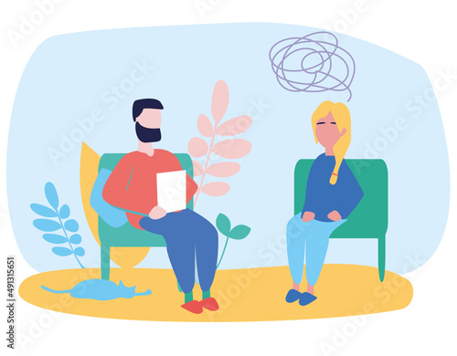 Flat psychologist office, patient. Individual psychological therapy and psychological counseling.Psychotherapy session. Mental health, health care and psychology. Psychiatric consultation.Flat cartoon
