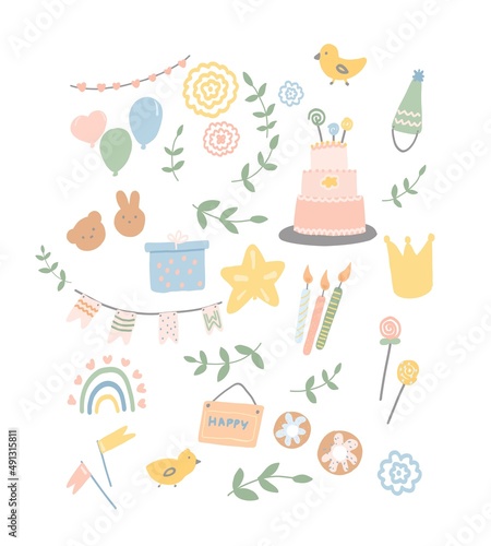 set birthday. Colored icons for birthday. Holiday hand drawn illustration.