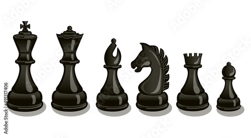 Intellectual leisure activity symbol.Realistic black chess pieces set. King, queen bishop and pawn horse rook. Black chess figures for board game.  Vector illustration