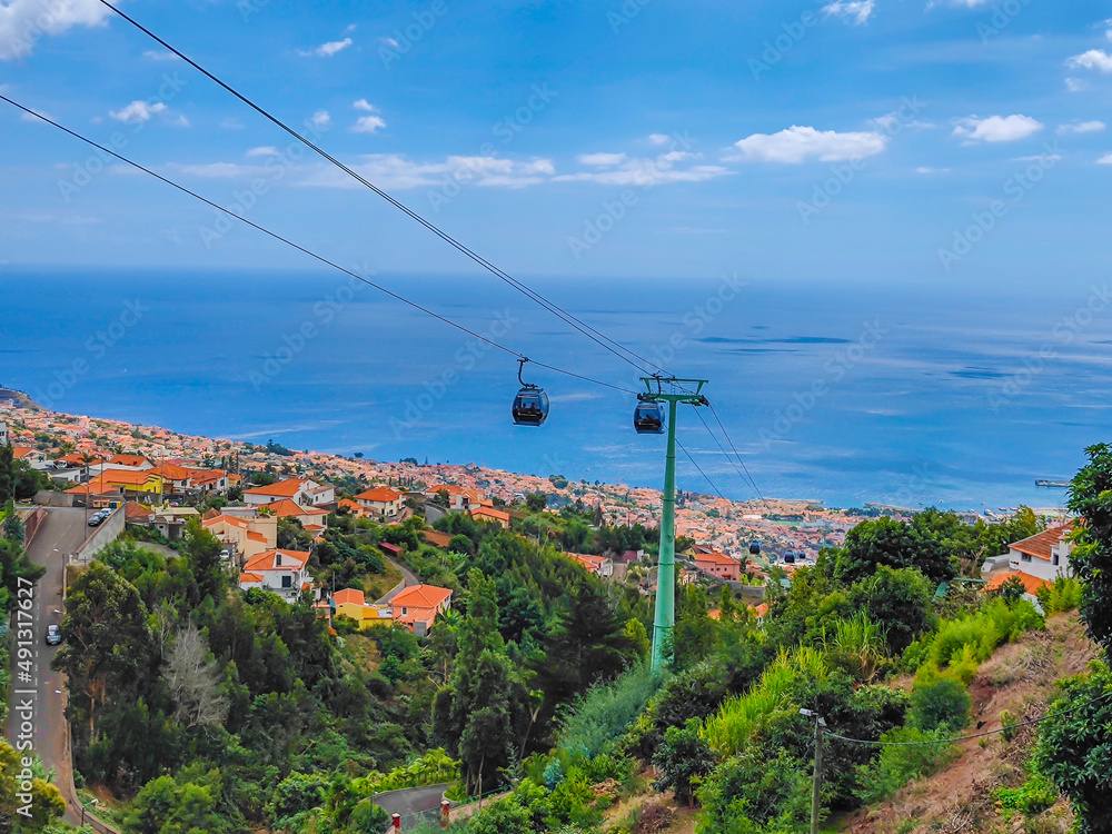 Cable car over the city of Madeira, Portugal, an island in Atlantic ocean