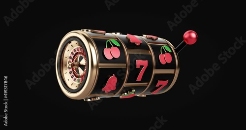 Animated Futuristic, Modern Black, Red And Golden Slot Machine Concept Isolated On The Black Background. Stops At 7777. 3D 4K Video.	
 photo