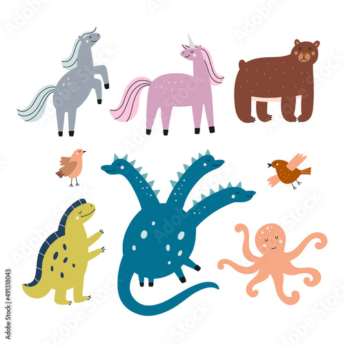 Magic creatures vector set. Dragon  dinosaur  octopus  unicorn  horse  bear  birds funny illustrations