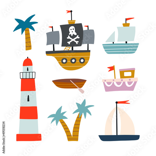 Slika na platnu Cute ships and boat vector set