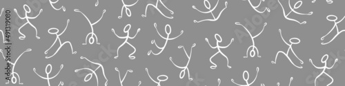 Stick figures seamless pattern. Horizontal border with doodle people on gray background. Vector illustration.