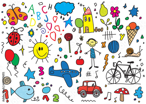 Handdrawn doodles, various children drawings in cartoon style, vector illustration