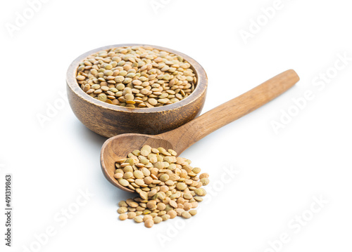 Uncooked brown lentils. Raw legume in wooden spoon isolated on white background.