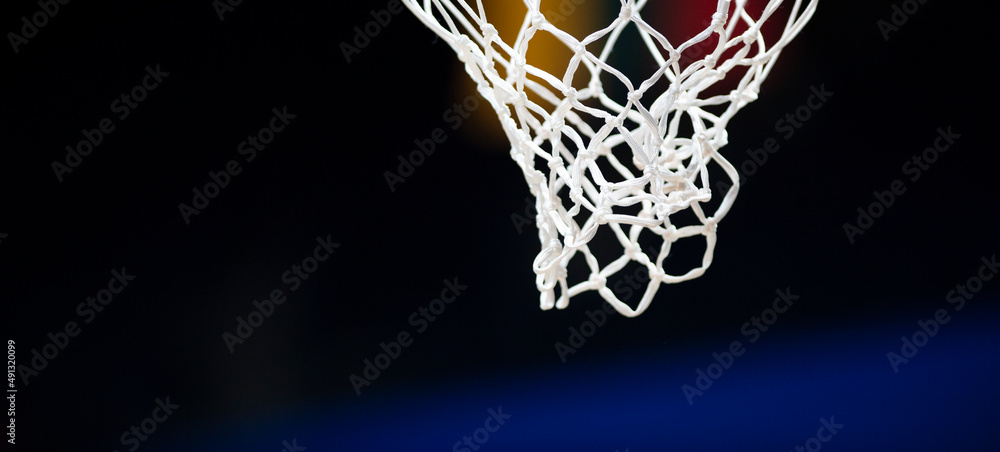 Basketball hoops against dark background. Banner art concept. Horizontal sport theme poster, greeting cards.