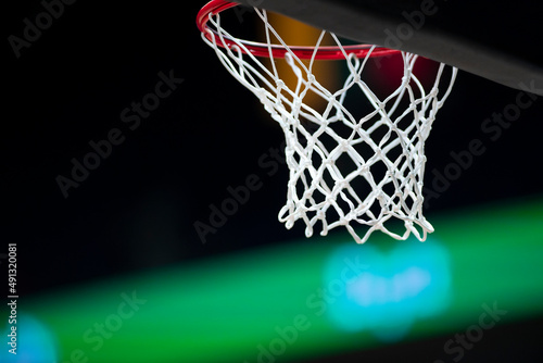 Basketball hoops against dark background. Banner art concept. Horizontal sport theme poster, greeting cards.