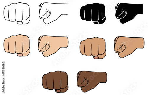 Fist Punching from Front and Side Clipart Set - Outline, Silhouette and Color