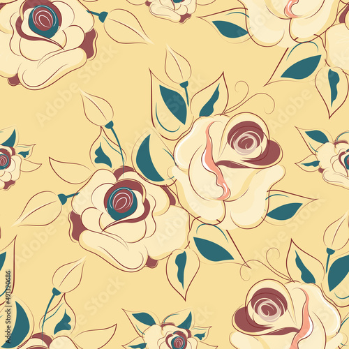 Roses. Floral seamless pattern with blooming flowers and leaves. Vector image for packaging  wallpapers  decorations  holidays  web and print. 