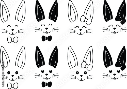 Simple Bunny Face Clipart Set - Outline and Silhouette